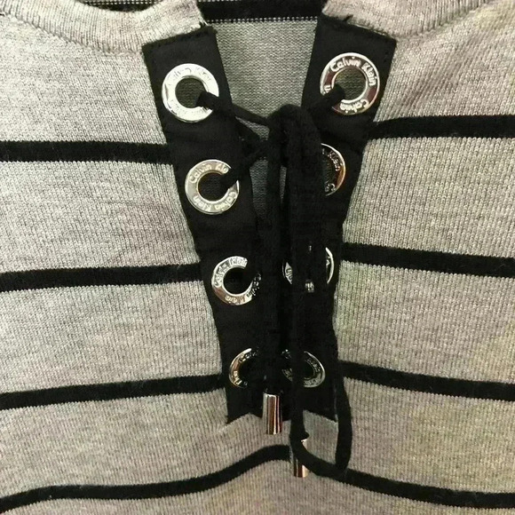 Calvin Klein Women Black Gray Lace-Up Large Blouse - Picture 3 of 5